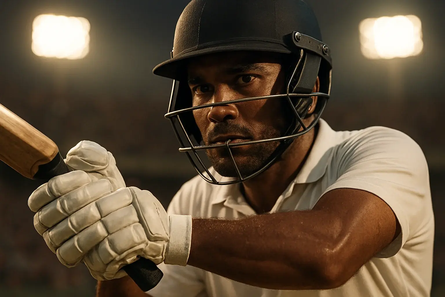 Bangladeshi cricket batsman in white kit mid-swing under stadium floodlights
