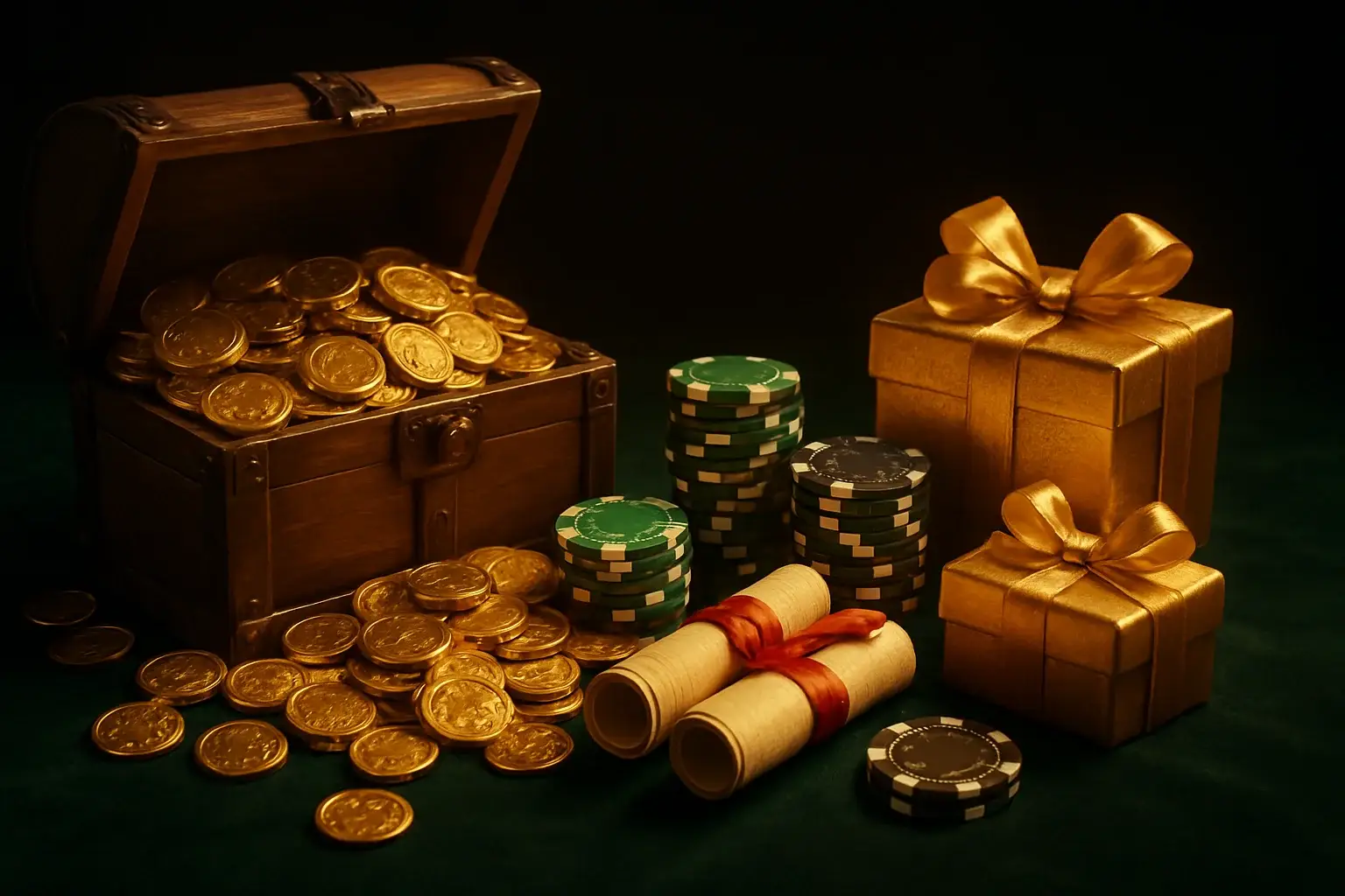 Overflowing treasure chest with gold coins, casino chips, vouchers, and gift boxes