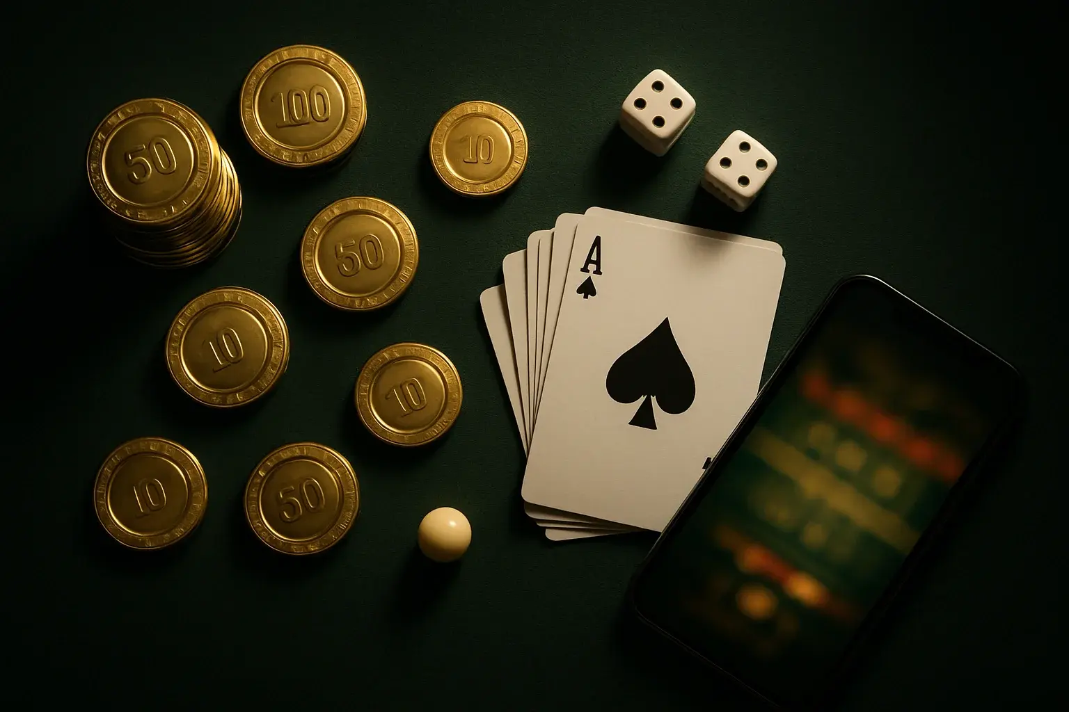 Top-down casino table with gold chips, cards, dice, and smartphone
