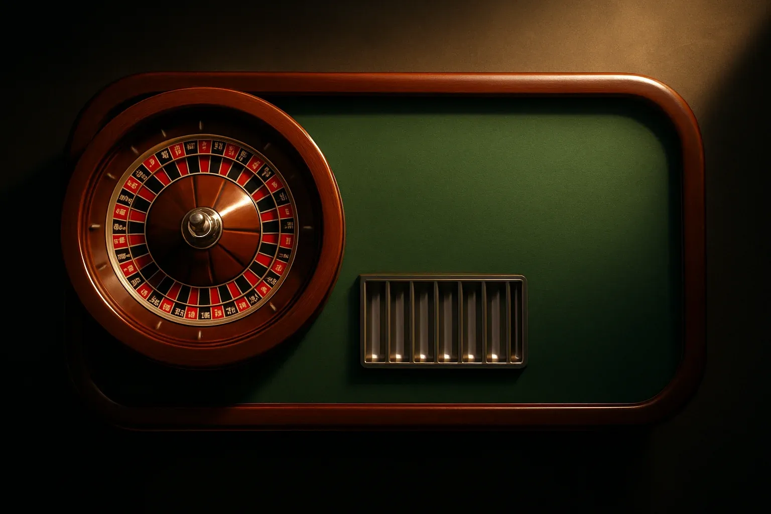Premium live casino studio with empty roulette table and dramatic lighting