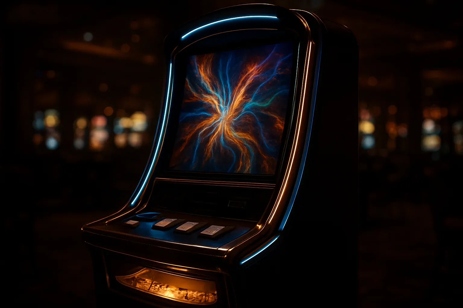 Hyperrealistic premium slot machine glowing in dark luxury casino floor